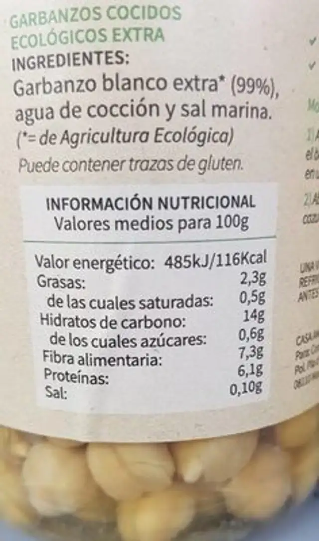 Garbanzos cocidos nutrition facts table