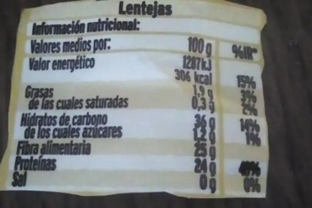 Legumbres nutrition facts table
