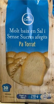 Pa torrat molt baix en sal i sense sucres afegits front packaging