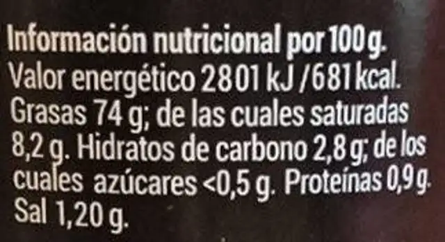 Allioli nutrition facts table