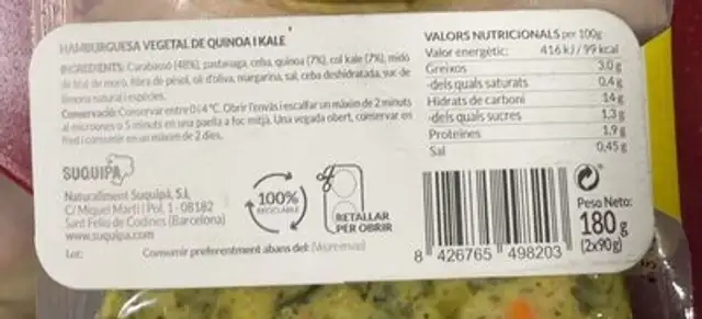 Hamburguesa vegetal de quinoa i kale nutrition facts table