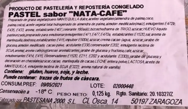 Pastel sabor Nata-Cafe nutrition facts table