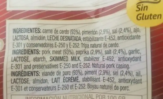Chorizo Barbacoa ingredients label
