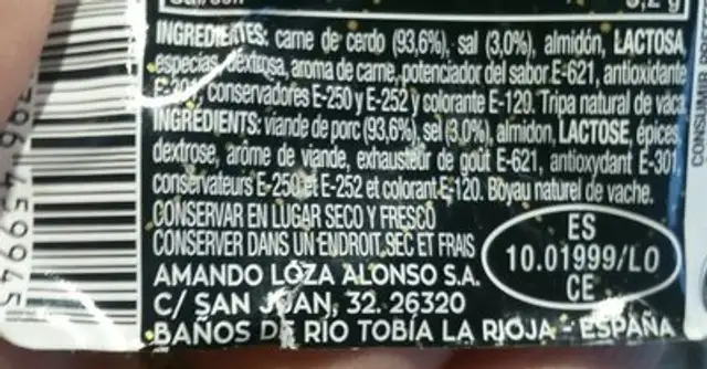 Fuet Loza ingredients label