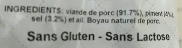 Chorizo sarta ingredients label