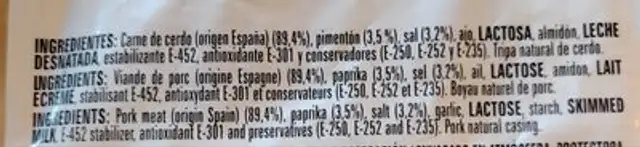 Chorizo sarta ingredients label