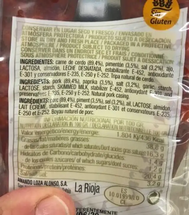 Chorizo sarta nutrition facts table