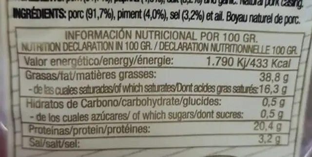 Chorizo sarta nutrition facts table