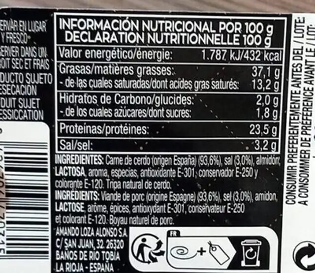 Fuet nutrition facts table