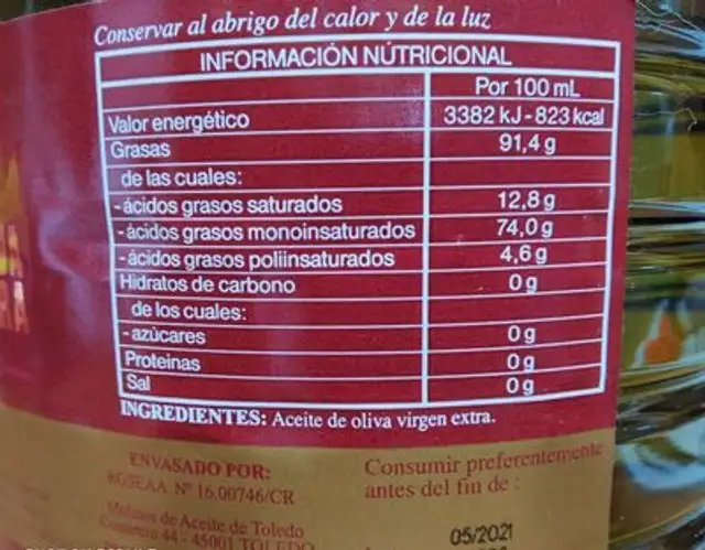 Aceite de Oliva Virgen Extra nutrition facts table