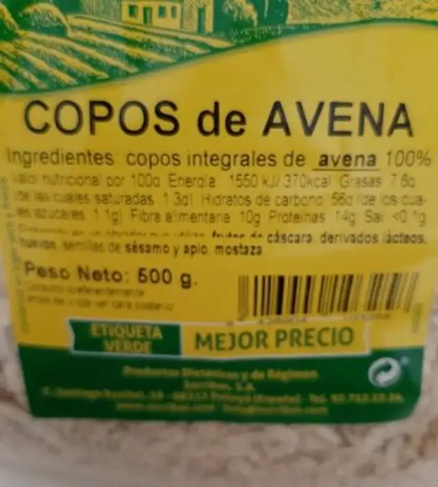 Copos de avena nutrition facts table