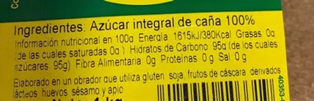 Azúcar de caña nutrition facts table