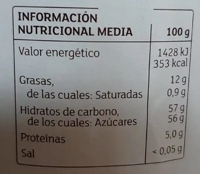 Concentrado de almendras con fructosa nutrition facts table