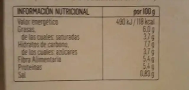 Sorribas nutrition facts table