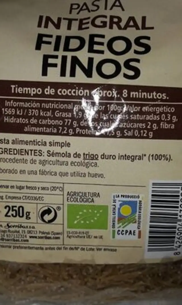 Fideo Fino Integral nutrition facts table