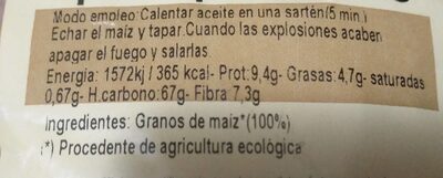 Maíz para palomitas nutrition facts table