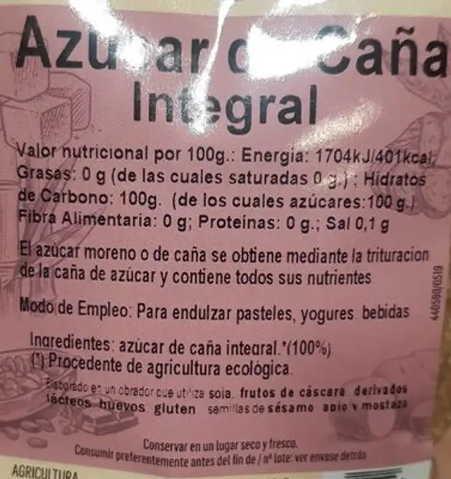 Azucar de caña integral nutrition facts table