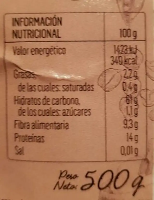 HARINA DE ESPELTA INTEGRAL nutrition facts table
