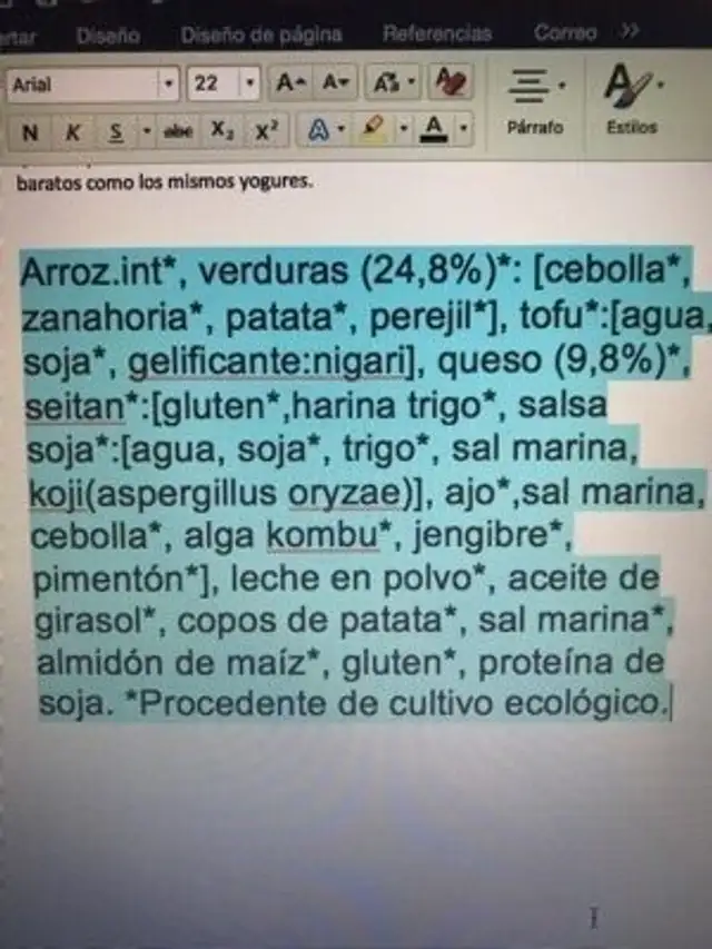 Burguer vegetariana ingredients label
