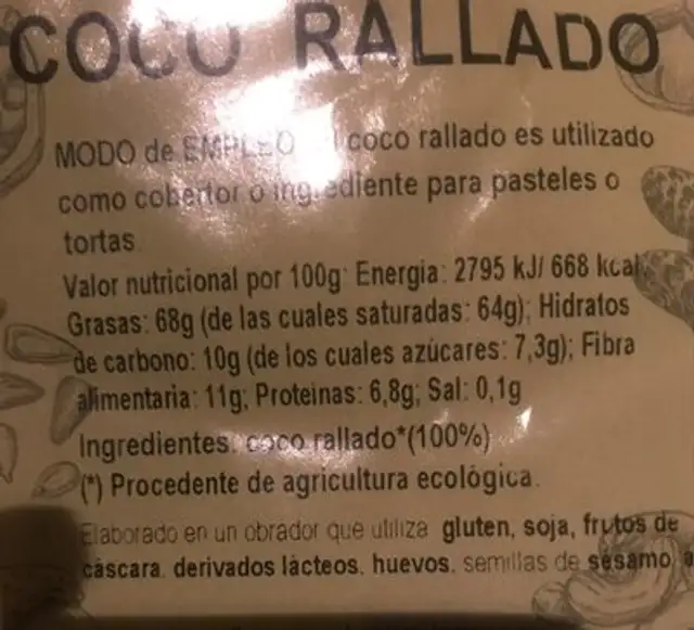 Coco rallado nutrition facts table