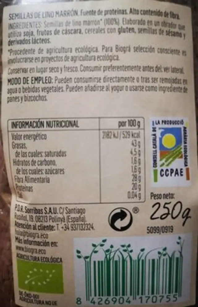 Lino marrón nutrition facts table