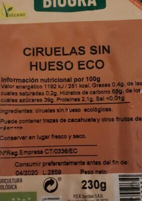CIRUELAS SIN HUESO ECO nutrition facts table