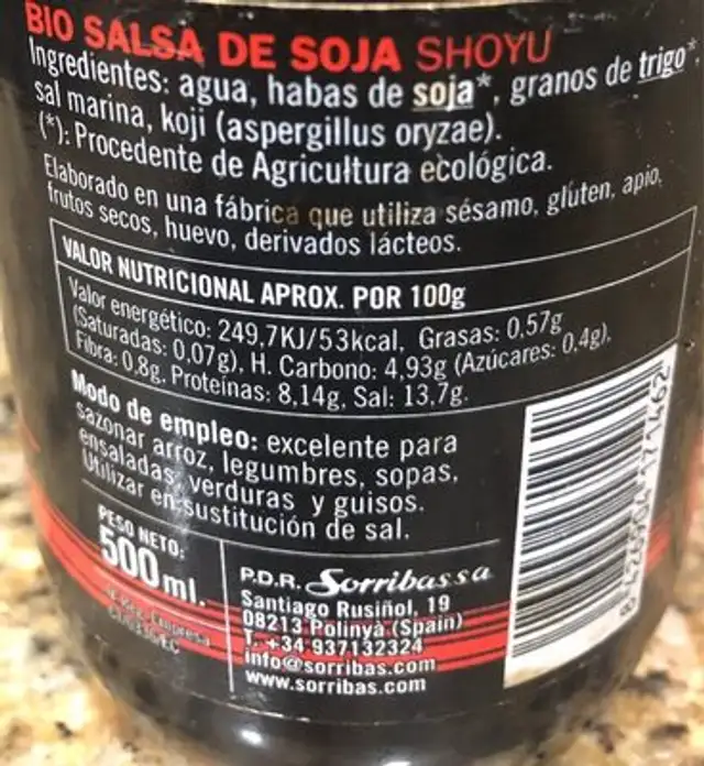 Bio salsa de soja nutrition facts table