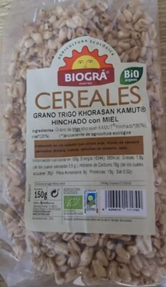 Grano trigo khorasan kamut hinchado con miel front packaging