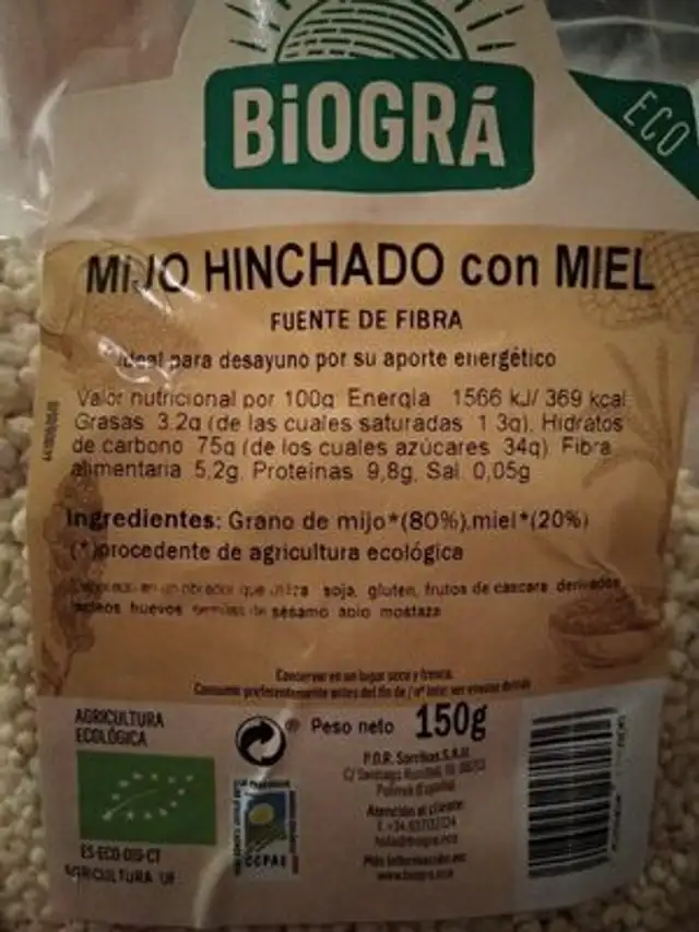 Mijo hinchado con miel ingredients label