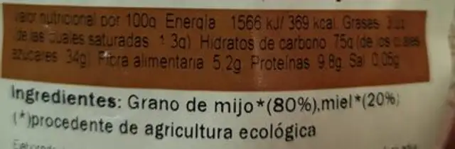 Mijo hinchado con miel nutrition facts table