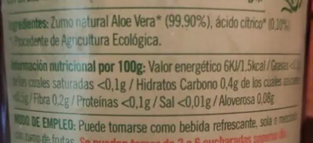 Aloe vera nutrition facts table
