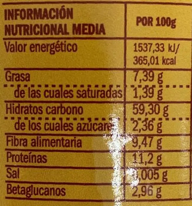 Porridge Avena, Fibra y Plátano nutrition facts table