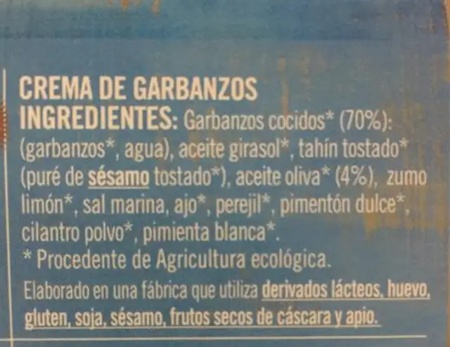 Hummus Tradicional 240 GR, Biográ ingredients label