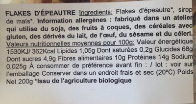 Flakes Espelta 200GR. Biogra ingredients label