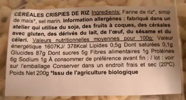 Céréales Crispies de riz ingredients label