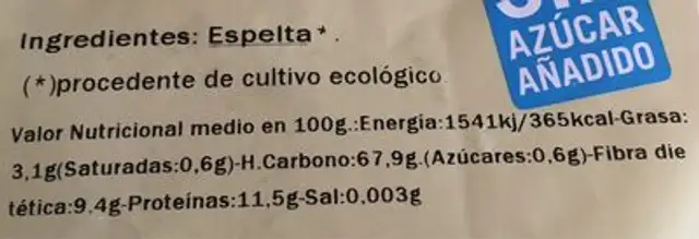 Espelta Hinchada nutrition facts table