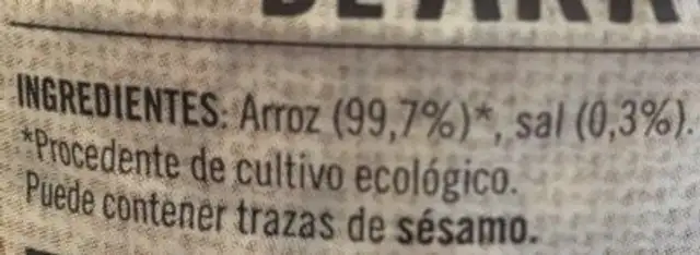 Bio tortitas de arroz con sal ingredients label
