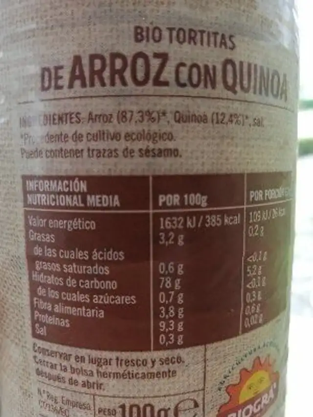 Biotortitas de arroz con quinoa ingredients label