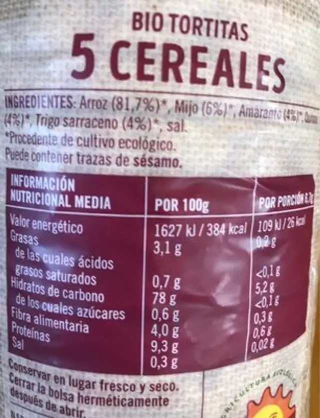 Bio tortitas 5cereales nutrition facts table