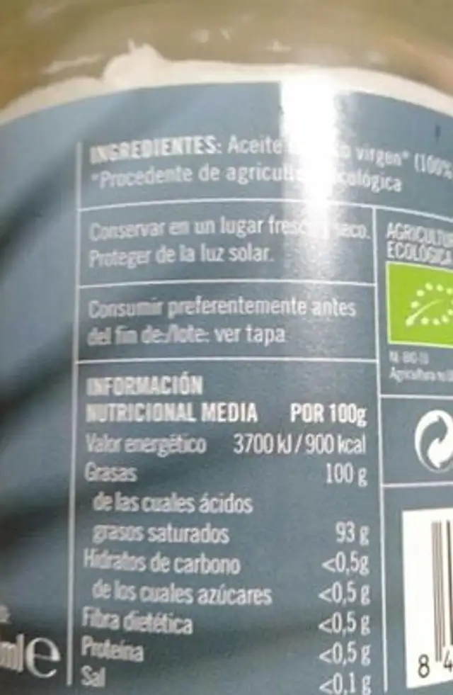 Aceite de coco nutrition facts table
