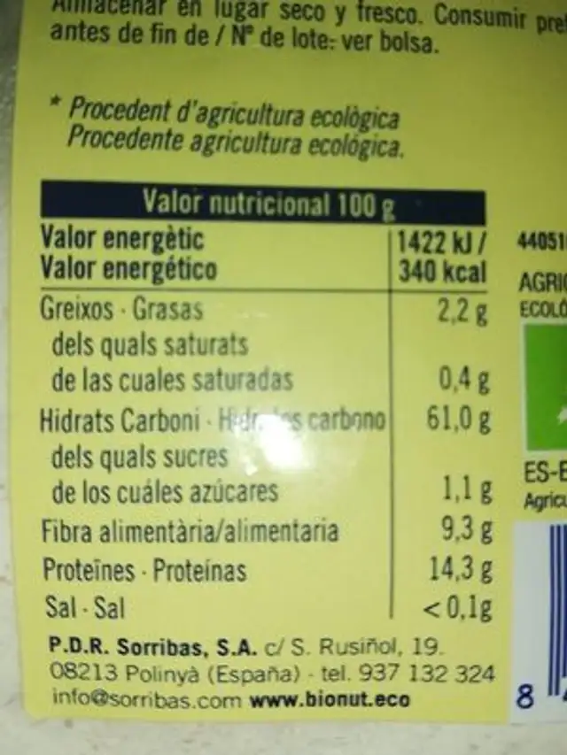 Harina de espelta integral nutrition facts table