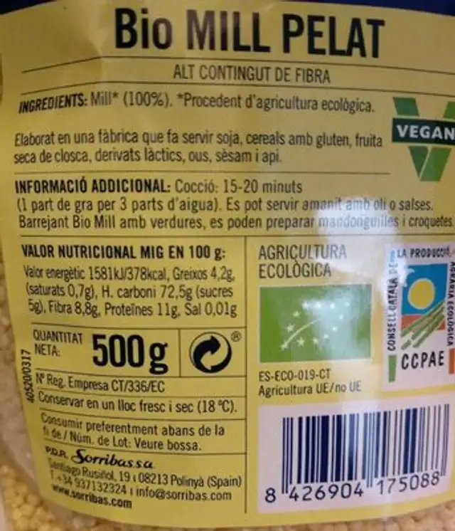 Bio mill pelat nutrition facts table