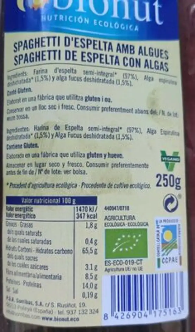 Spaghetti d'espelta amb algues nutrition facts table