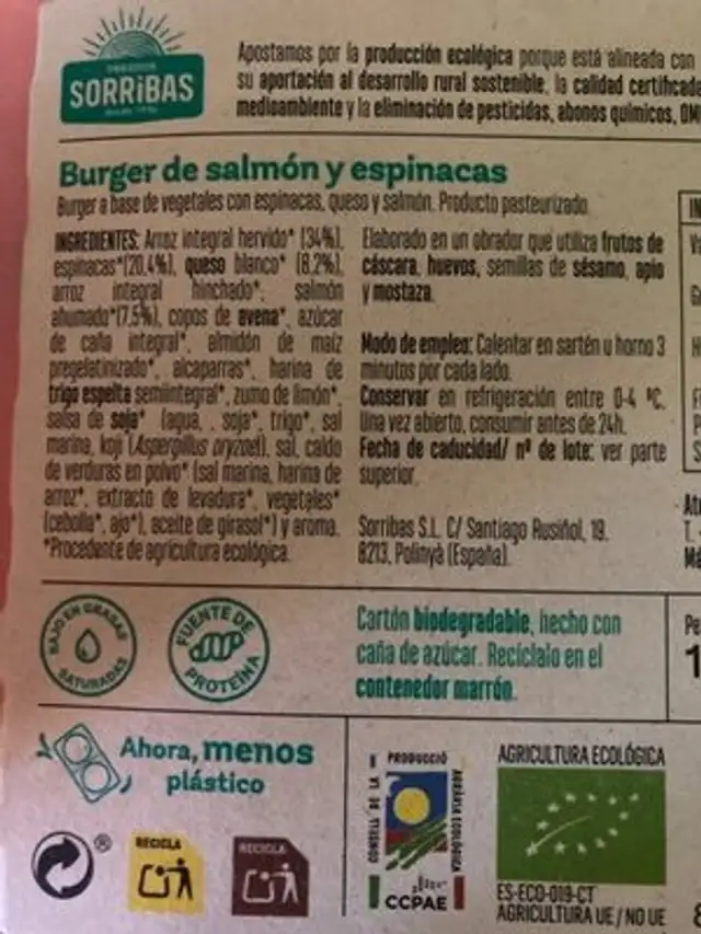 Burguer de espinacas y salmon ingredients label