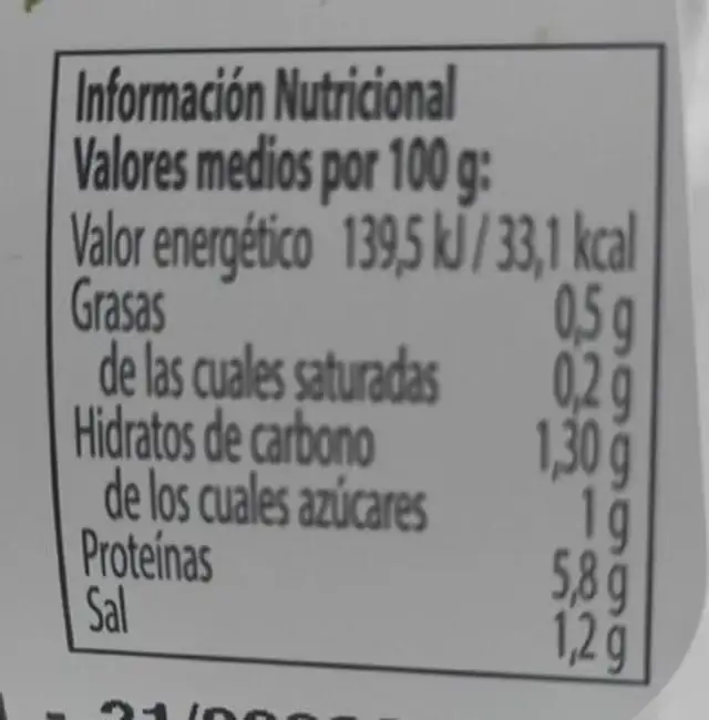 Caracoles nutrition facts table