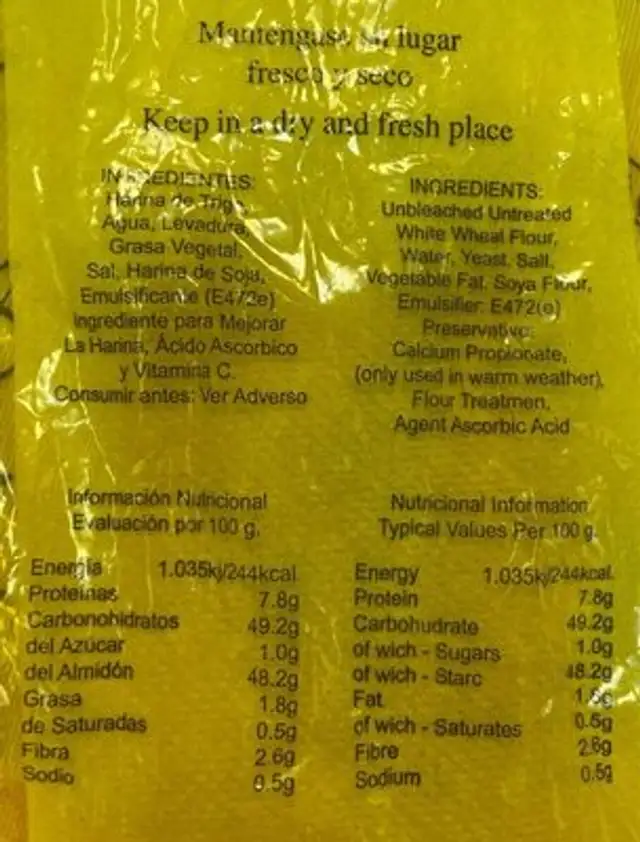 Pan Integral de molde nutrition facts table