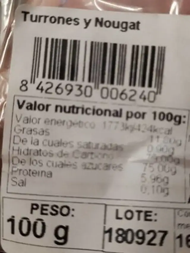 Unknown nutrition facts table
