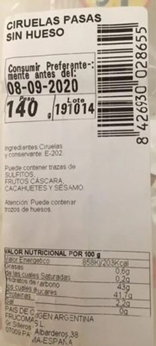 Ciruelas sin huesos nutrition facts table