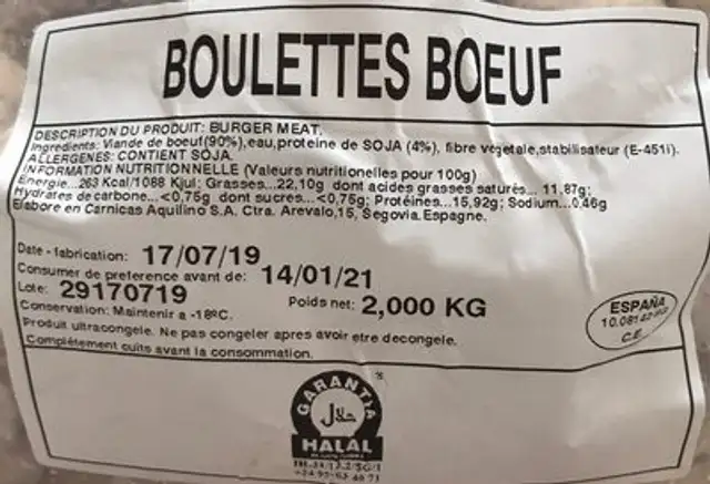 Boulette de boeuf nutrition facts table