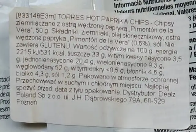 Patatas fritas premium picante pimentón ingredients label